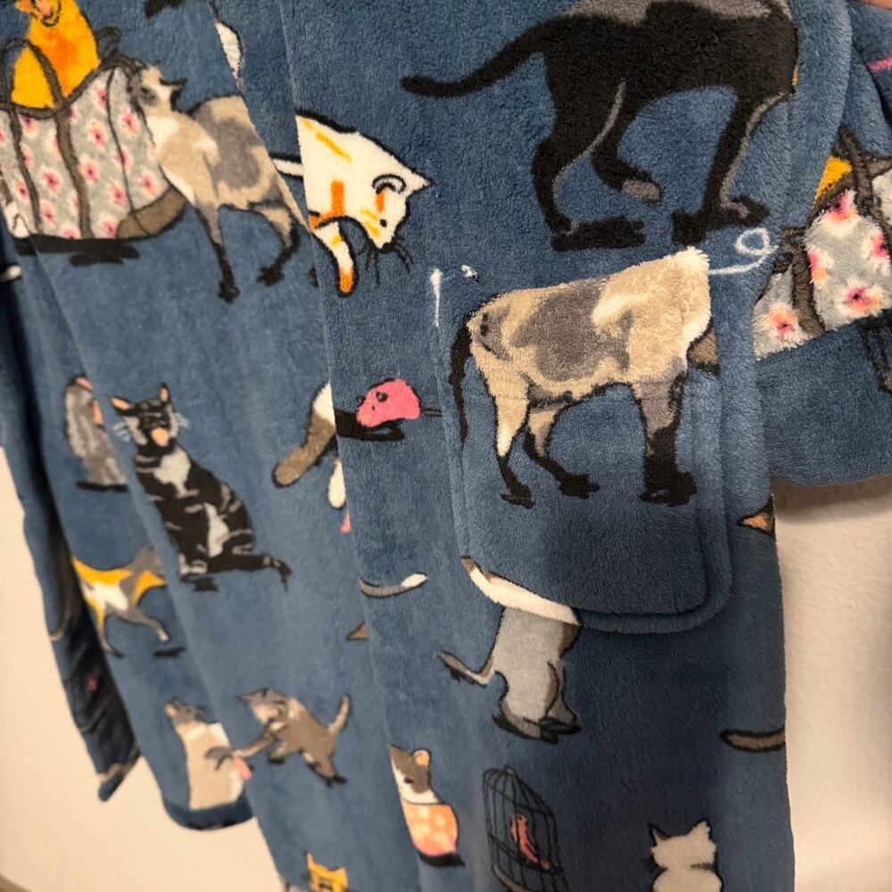 Vera Bradley Cat Print Plush Fleece Hooded Robe S/M Pockets Belted Cozy - Picture 4 of 5
